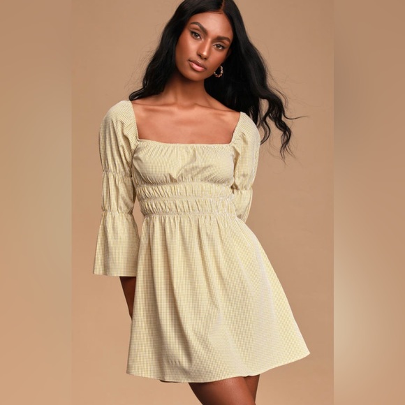Lulu’s Lunch Date Mustard Yellow Gingham Bell Sleeve Mini Dress - XL - Picture 1 of 4